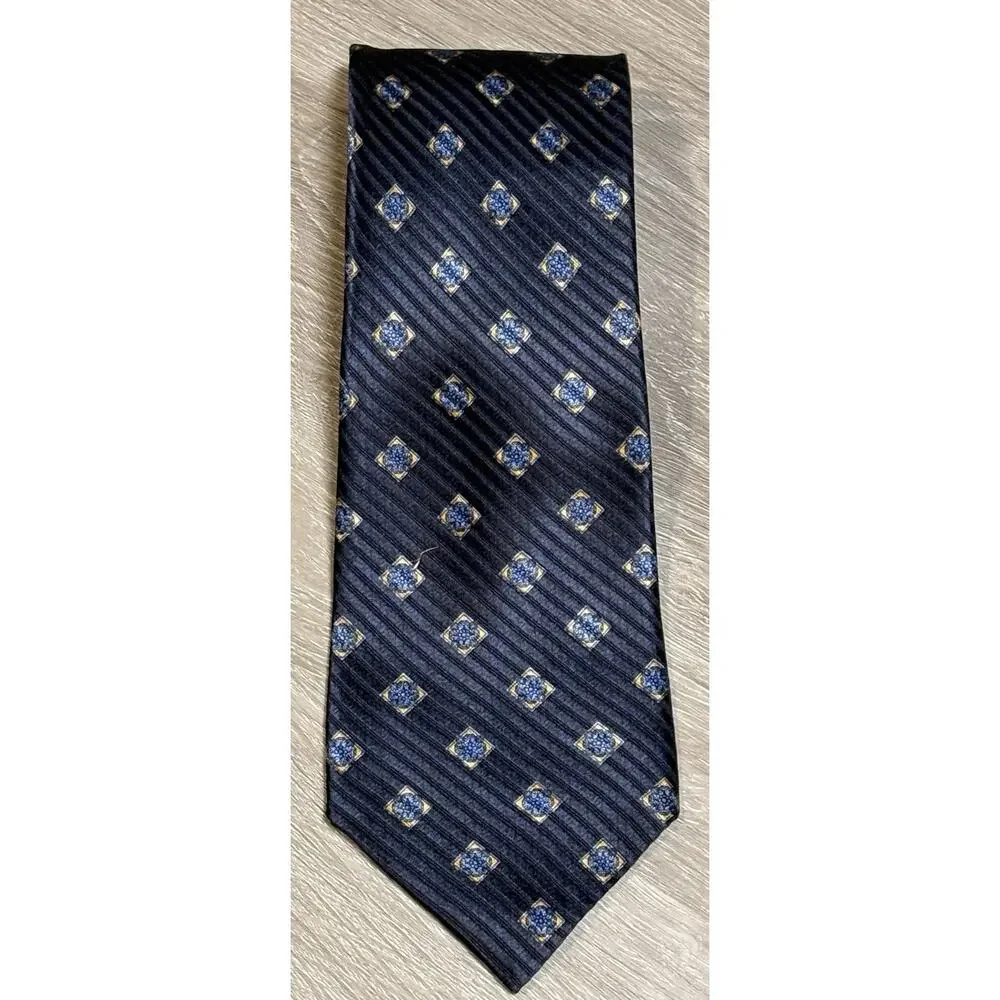Richel 100% Silk Neck Tie Blue‎ Gold Diamond Pattern 60